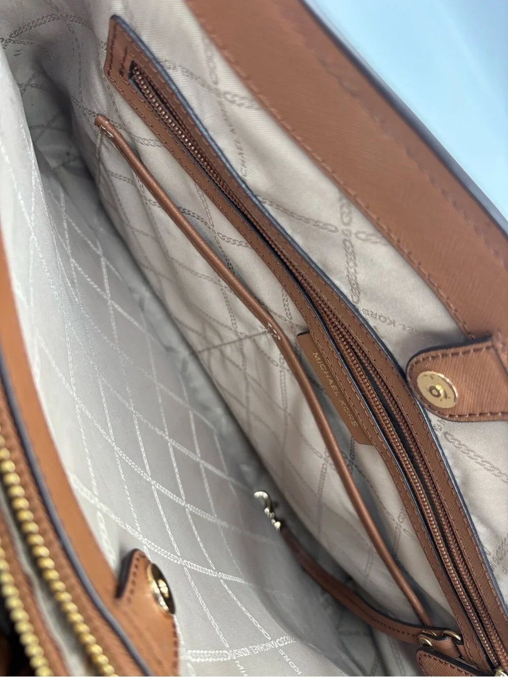 Michael Kors Large Brown Leather Tote Shoulder Bag Gold MK Charm Tassel